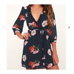 NWT Lulus It's a Pleasure Navy Blue Floral Print Ruffled Wrap Dress Size L Sheer